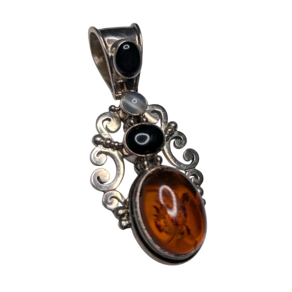 VTG Indonesia‎ Balinese 925 Sterling Silver Amber Onyx Moonstone Pendant 2.25"